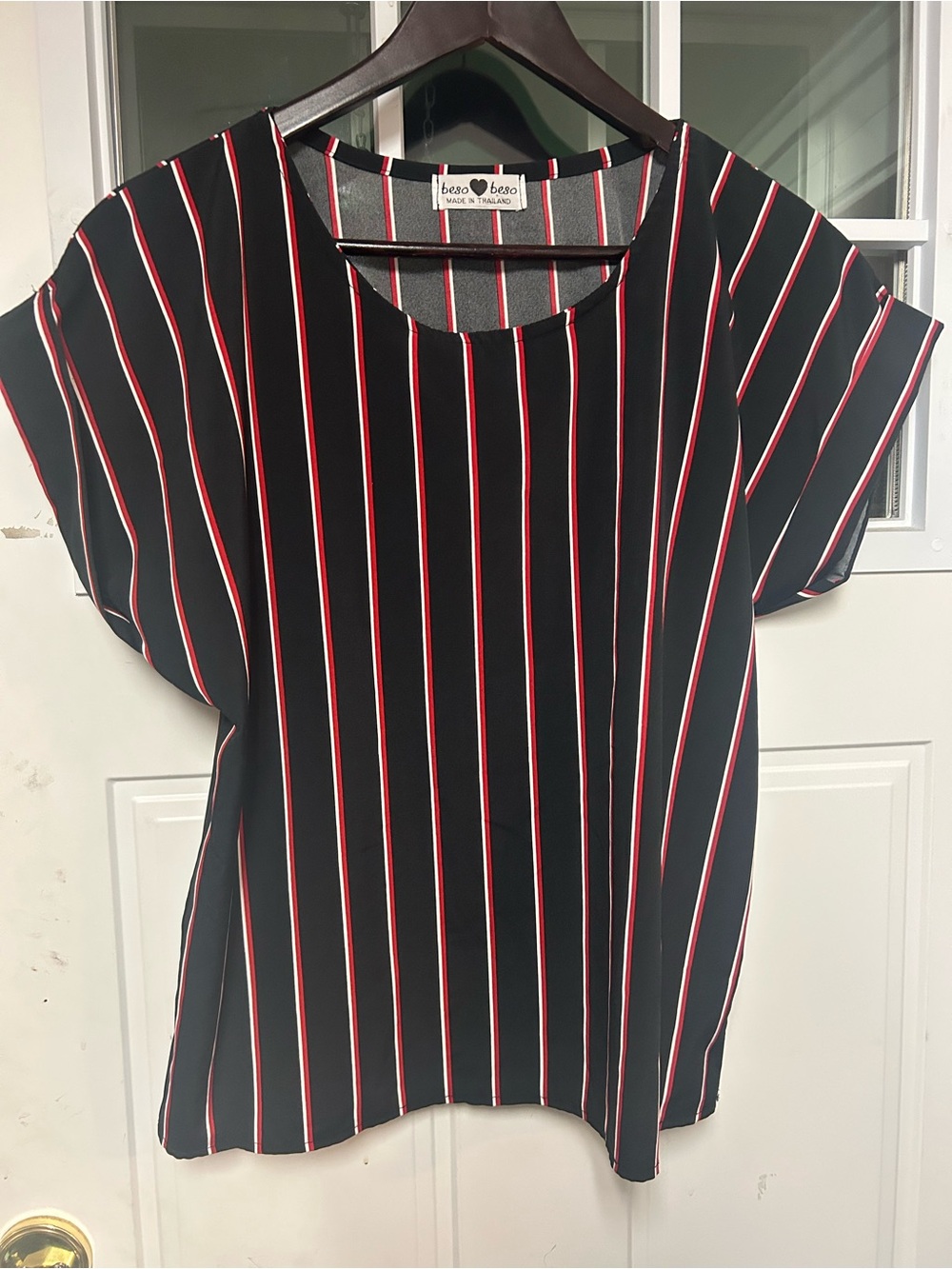 Beso by Beso Black Vertical Stripe Short Sleeve Blouse